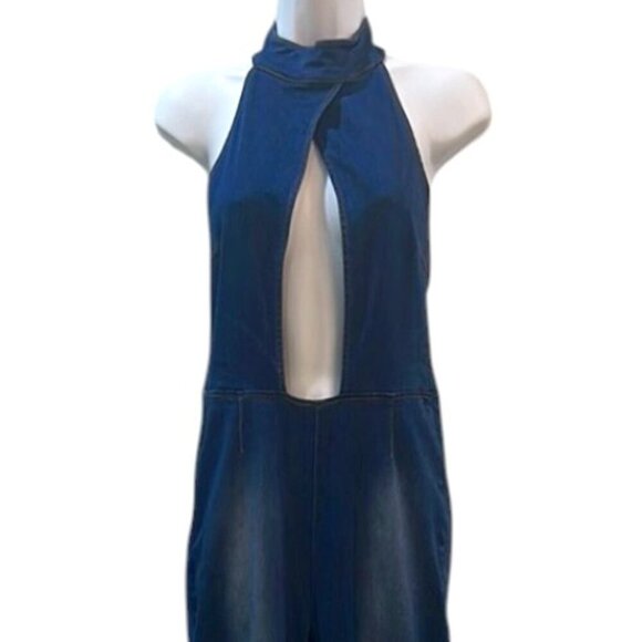 M Michel Open Back Flared Denim Jumpsuit Size Small - Picture 7 of 16